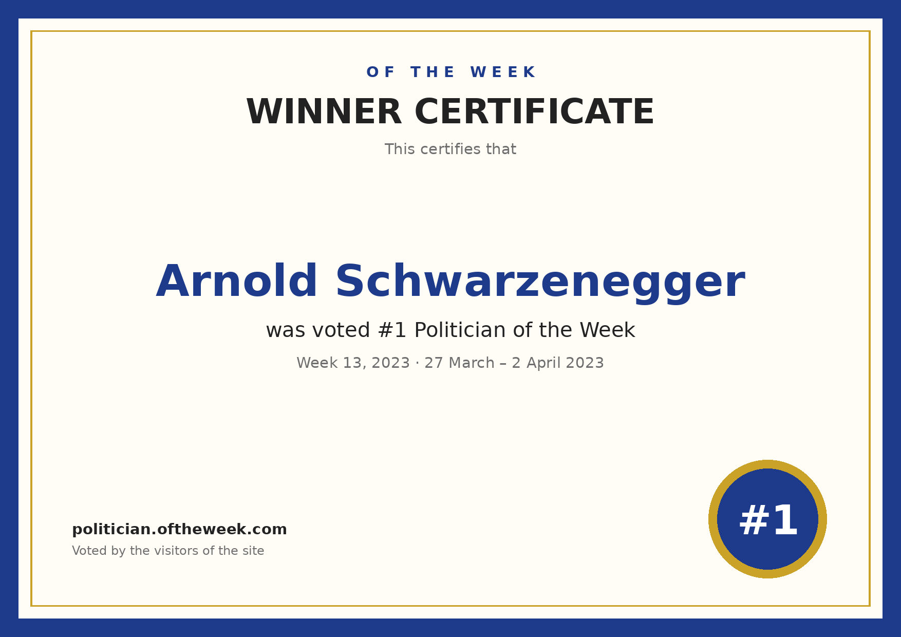 Certificate — Arnold Schwarzenegger