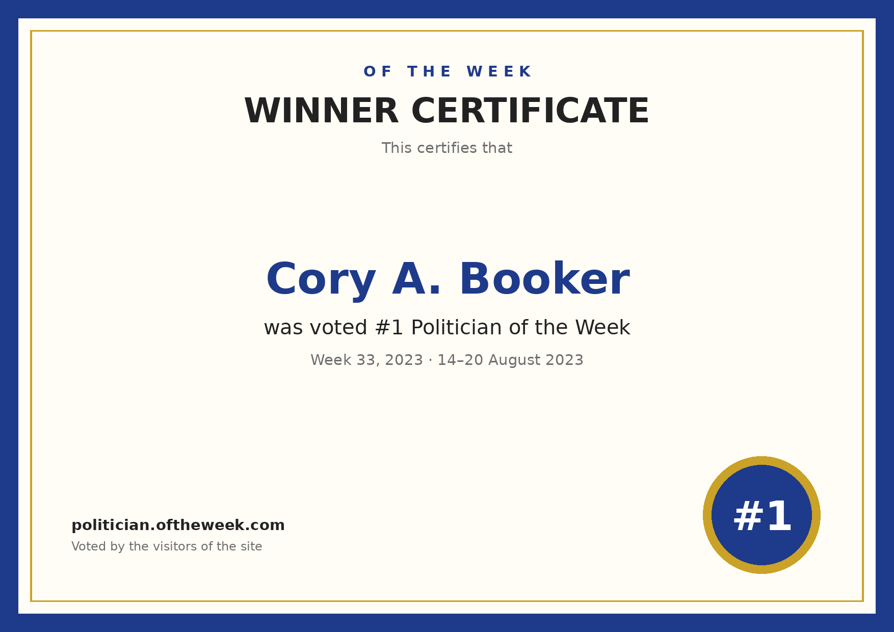 Certificate — Cory A. Booker