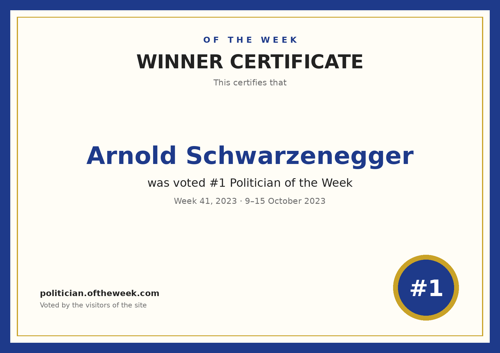 Certificate — Arnold Schwarzenegger